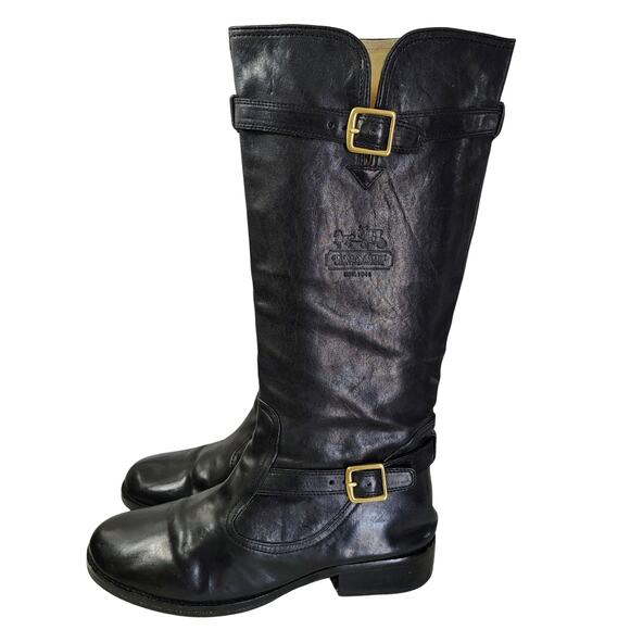 Coach Leather Whitley Tall Black Riding Boots Buckles Zipper Round Toe Size 10B - Picture 2 of 12